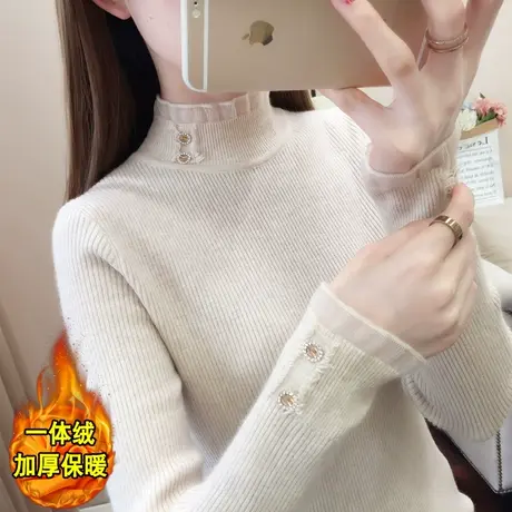 加绒半高领毛衣女加厚打底衫2023秋冬新款蕾丝针织衫一体绒上衣潮商品大图