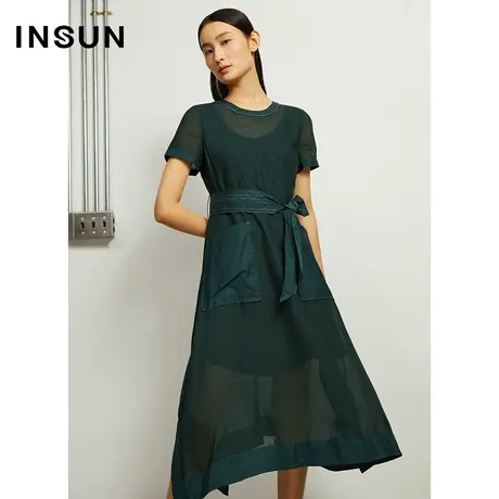 INSUN恩裳夏季微透贴布收腰a字连衣裙图片