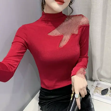 网红爆款露肩镂空T恤女长袖气质半高领打底衫春装烫钻修身上衣潮商品大图
