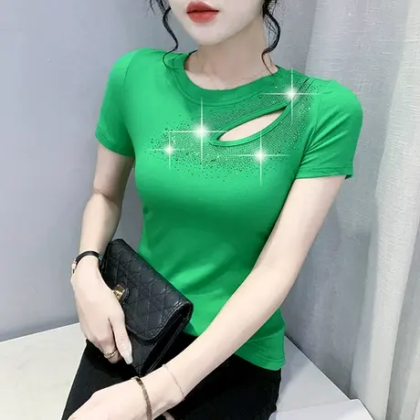 性感镂空烫钻T恤女短袖洋气设计感上衣夏季修身显瘦半袖百搭小衫图片