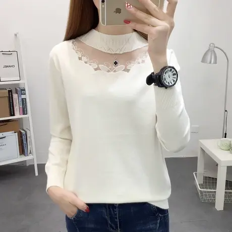 白色针织衫半高领蕾丝镂空洋气宽松打底衫女春秋新款毛衣上衣潮商品大图