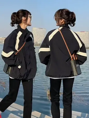 2023春秋季新款上衣黑白撞色防风外套女宽松显瘦立领拉链冲锋衣潮商品大图