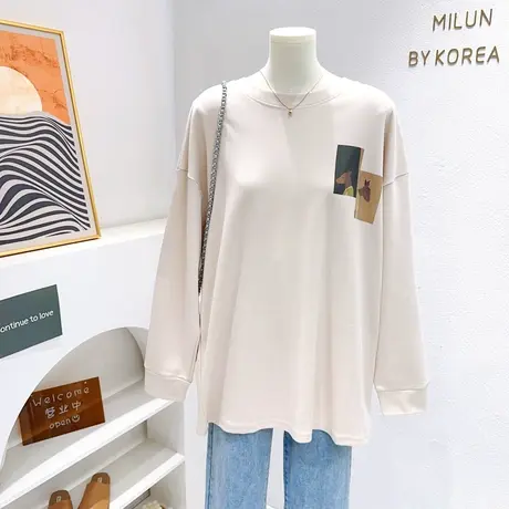 韩代同款~2023秋季微胖显瘦ins油画风气质长袖上衣小众设计感T恤商品大图