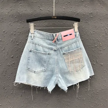 欧货个性口袋牛仔短裤女2025夏季新款休闲百搭毛边阔腿裤高腰热裤商品大图