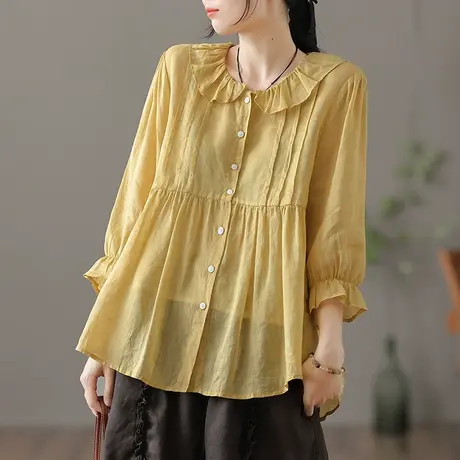 设计感苎麻上衣女士夏季薄款短袖衬衫娃娃领开衫气质漂亮棉麻衬衣商品大图