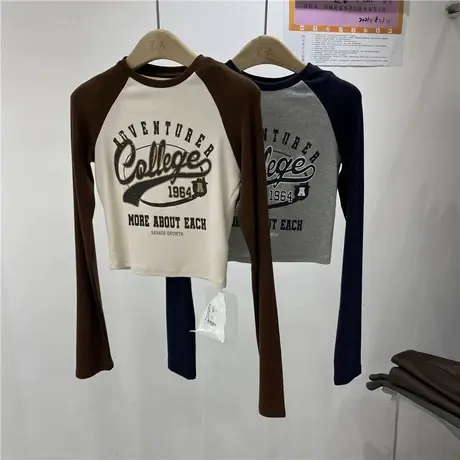 长袖t恤女2021秋装新款撞色字母修身显瘦时尚短款高腰打底衫上衣商品大图