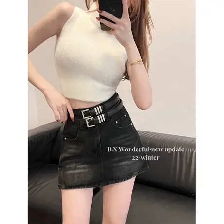 美式辣妹设计感牛仔半身裙女春夏2023新款复古高腰A字包臀裙短裙图片