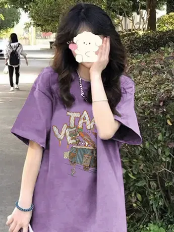慵懒风独特短袖夏大码宽松纯棉oversizet恤女紫色ins遮肚显瘦上衣图片