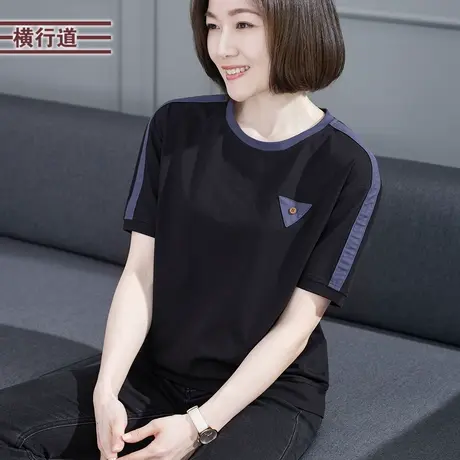 圆领撞色拼接黑色打底衫休闲妈妈大码女短袖t恤半袖夏装上衣体恤商品大图