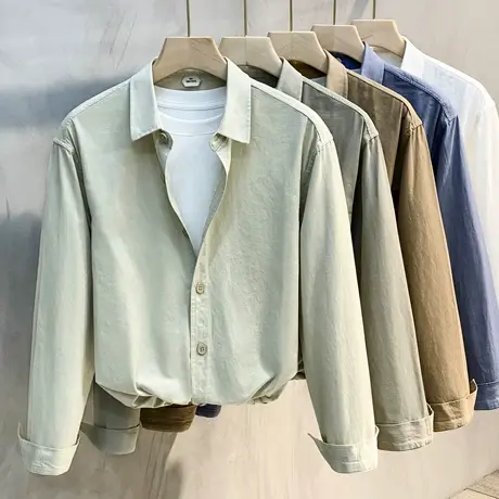 春秋新款简约翻领衬衫男士修身长袖衬衣休闲百搭宽松外穿上衣潮图片