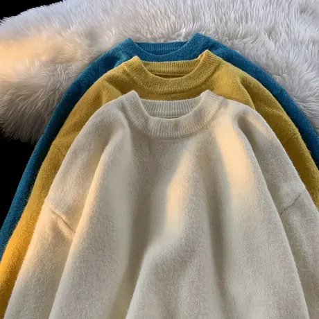 纯色套头毛衣男秋冬季简约百搭圆领针织衫ins港风宽松打底毛线衣商品大图