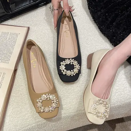 单鞋女春季2023年新款网红平底软皮豆豆百搭浅口温柔软底晚晚风鞋商品大图