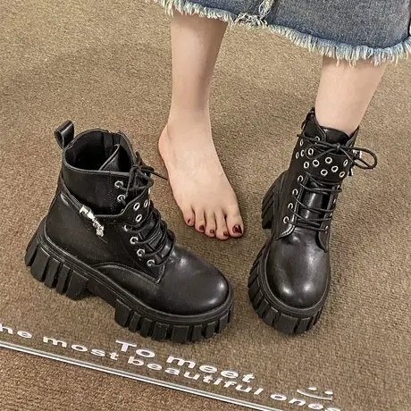 厚底马丁靴女春夏季高跟粗跟小个子增高显瘦黑色英伦风短靴ins潮图片