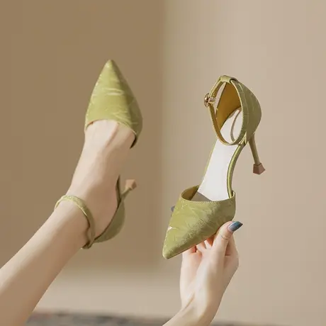 包头凉鞋女2024年夏季新款尖头水钻一字带细跟气质高跟鞋气质纯色商品大图