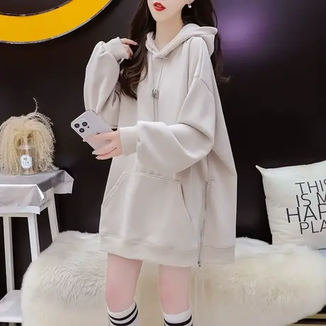 加绒加厚连帽卫衣女中长款2024年新款春季宽松慵懒风洋气百搭上衣商品大图
