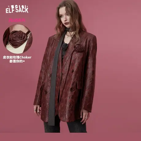 妖精的口袋中长款西装外套女2024早春新款设计感复古宽松皮衣西服商品大图