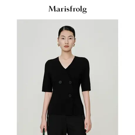 【职场干练系列】玛丝菲尔夏季新款黑色V领设计感上衣女商品大图