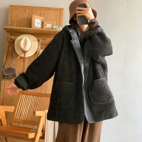 dza 复古加厚保暖羊羔绒棉衣外套女冬宽松口袋连帽两面穿棉服上衣商品大图