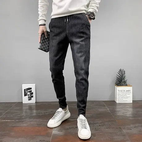 秋季男牛仔裤小脚裤裤子修身潮流黑色加绒加厚保暖网红ins束腿裤商品大图