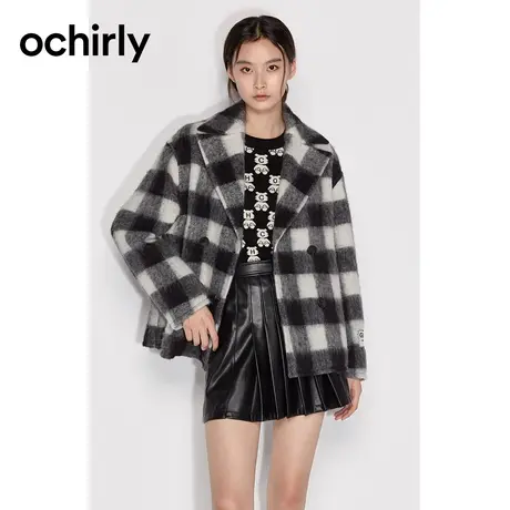 【呼呼严选专享】欧时力学院风羊毛呢外套新冬格子驳领排扣英伦风图片