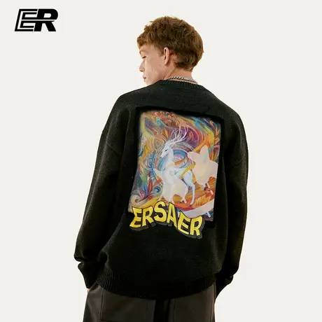 ER敦煌博物馆九色鹿贴布毛衣男秋冬季慵懒情侣针织衫打底潮牌外套图片