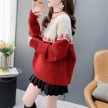 韩系软糯慵懒加厚氛围感红色圆领套头毛衣女秋冬新款百搭长袖上衣商品大图