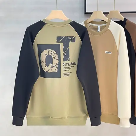 美式加绒卫衣潮牌男士秋冬季2023新款复古拼接潮流高级感圆领外套商品大图