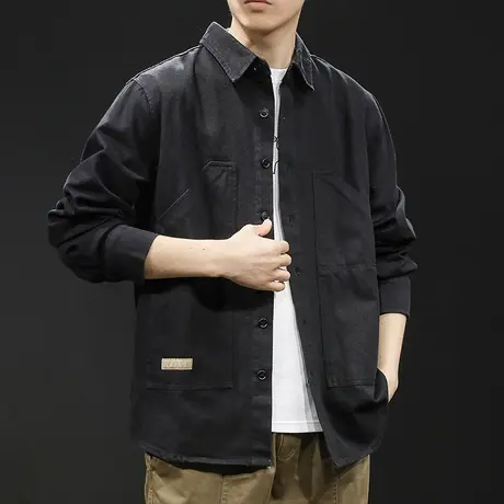 春季2024新款休闲衬衫男长袖春秋款男装大码男士衬衣外套黑色衣服图片