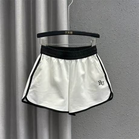 个性刺绣休闲短裤女23春夏新款松紧腰撞色运动宽松显瘦a字阔腿裤图片
