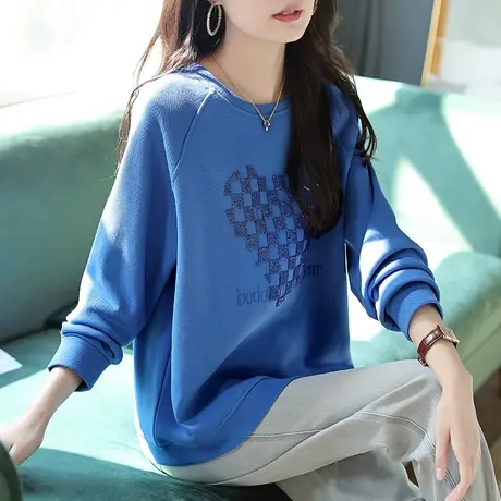 宝诗黎心形长袖亮片字母上衣2024年宽松长袖春季新款女装蓝色卫衣图片