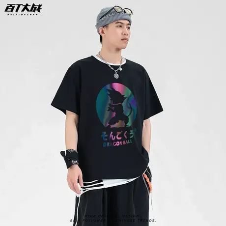 潮牌反光七龙珠孙悟空短袖t恤宽松大码男装镭射精神小伙内搭衣服商品大图