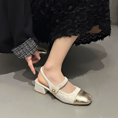 法式白色玛丽珍女鞋2024新款后空单鞋中跟粗跟配裙子夏季包头凉鞋商品大图