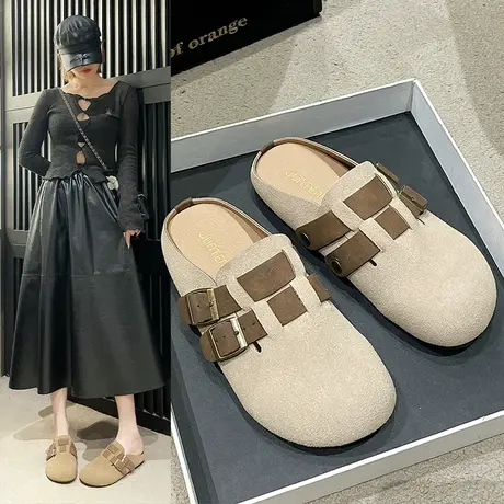 复古磨砂皮休闲穆勒懒人勃肯鞋2024春季皮带扣时尚平底包头半拖鞋商品大图