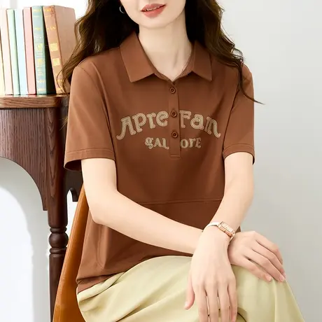 POLO领短袖t恤女纯棉2024年夏装新款重工刺绣休闲上衣半袖体恤衫商品大图