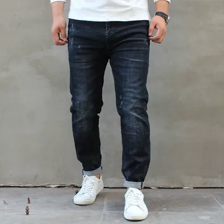 秋新款黑灰特大号胖潮弹力修身韩版小脚加肥加大码男士牛仔裤长裤图片