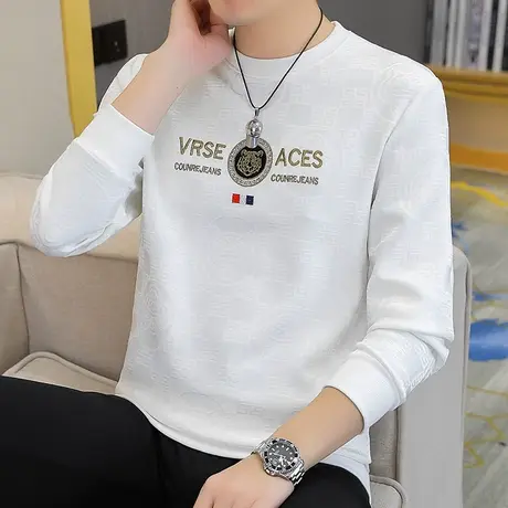 圆领卫衣男2023秋季新款潮流休闲时尚提花百搭长袖T恤打底衫上衣商品大图