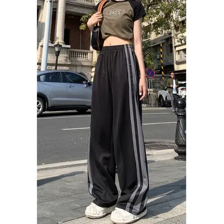 实拍 春季复古运动休闲裤直筒垂感拖地长裤阔腿裤图片