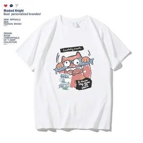 夏季潮牌港风趣味卡通印花短袖t恤男学生纯棉宽松休闲圆领体恤商品大图