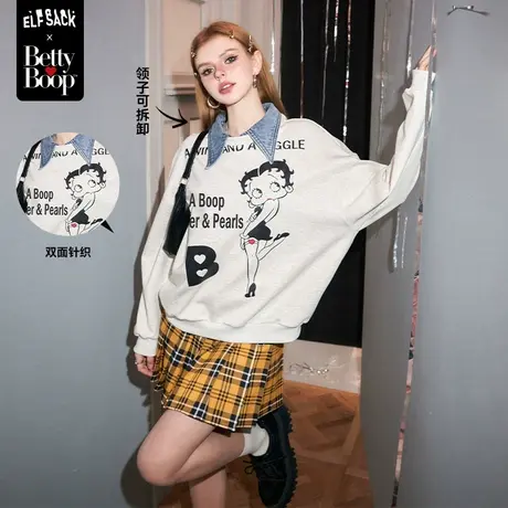 【贝蒂联名】妖精的口袋假两件牛仔拼接圆领卫衣女2024春新款宽松图片