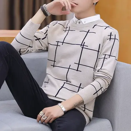 假两件长袖T恤男士毛衣春秋季韩版潮流针织打底衫秋装薄款上衣服商品大图