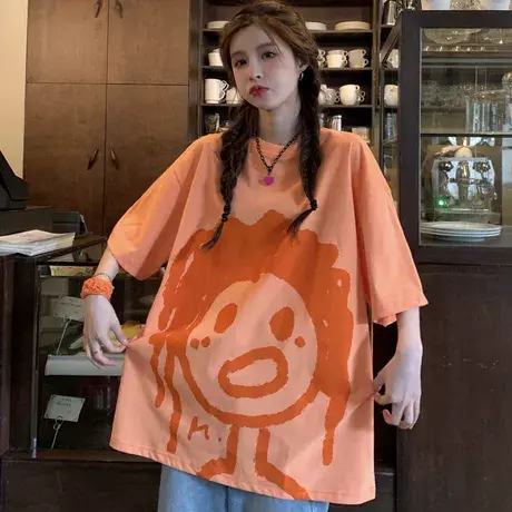 大码美式复古短袖t恤女胖mm夏季港味原宿风chic宽松半袖上衣200斤商品大图