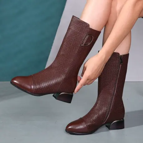 2023显瘦真皮新款长筒靴中跟加绒粗跟春女靴大码靴子41-43中筒靴图片