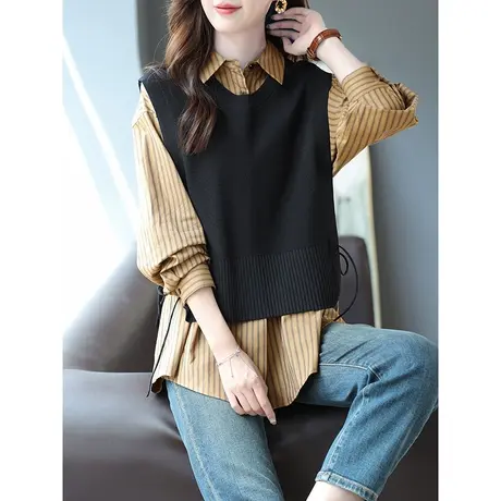宝诗黎针织马甲背心长袖竖条纹衬衫两件套装2023早秋新款显瘦女装商品大图