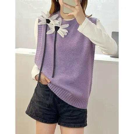 设计感针织马甲背心女2023年秋冬季新款装饰花朵内搭针织马夹上衣商品大图