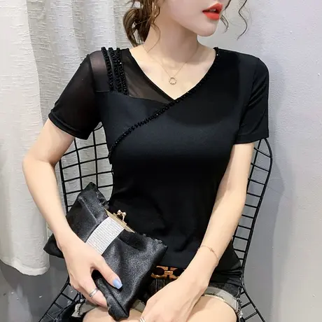 女装2023新款潮欧货网纱拼接T恤女短袖夏设计感钉珠洋气上衣小衫图片