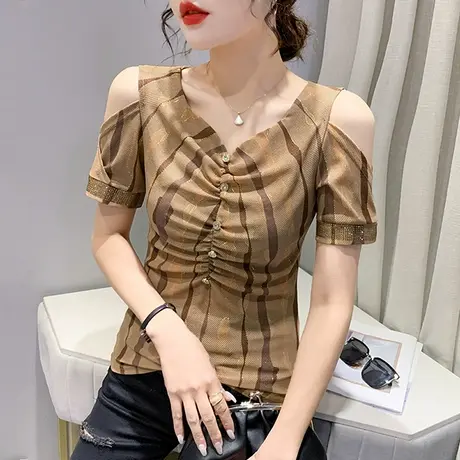 复古网纱短袖T恤女性感V领洋气小衫欧货露肩上衣夏装紧身半袖潮图片