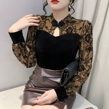 时尚泡泡袖T恤女长袖秋装复古盘扣网纱拼接上衣内搭洋气打底衫ins商品大图