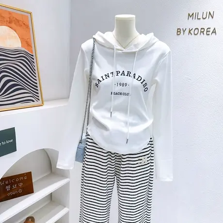 2023早秋新款~小个子显高上衣韩国东大门复古字母修身连帽长袖T恤图片