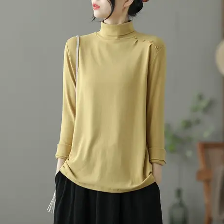 dza文艺复古宽松长袖t恤女士秋冬上衣新款内搭高领打底衫短款体恤商品大图