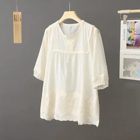 温柔系法式奶白色蕾丝衫裙摆式上衣女夏季2023新款洋气宽松衬衫女图片
